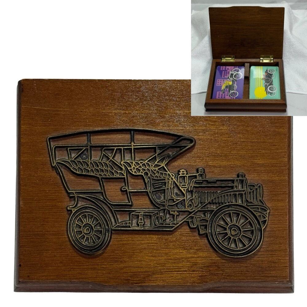 Vintage 1985 2 Card Decks Wooden Box Metal Model T Car and Sealed Playing Cards